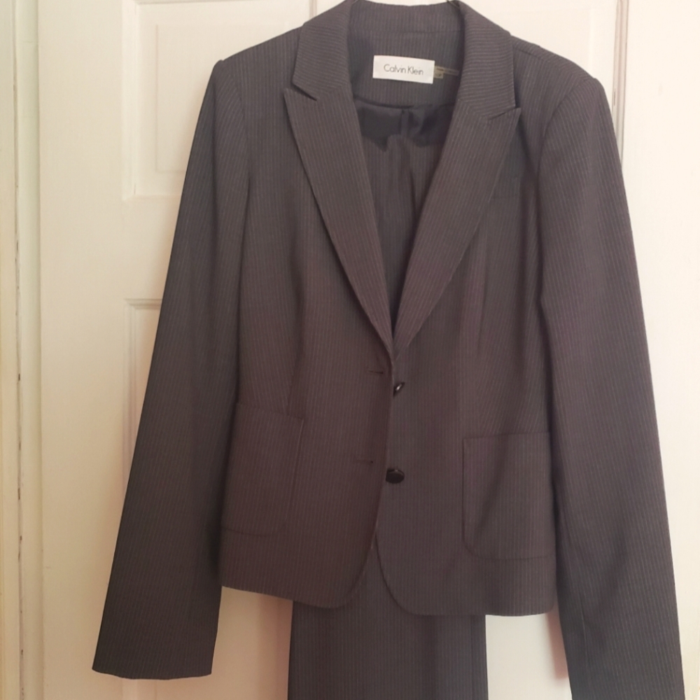Calvin Klein pants gray stripe pants suit. Jacket size 10P, pants size 2P